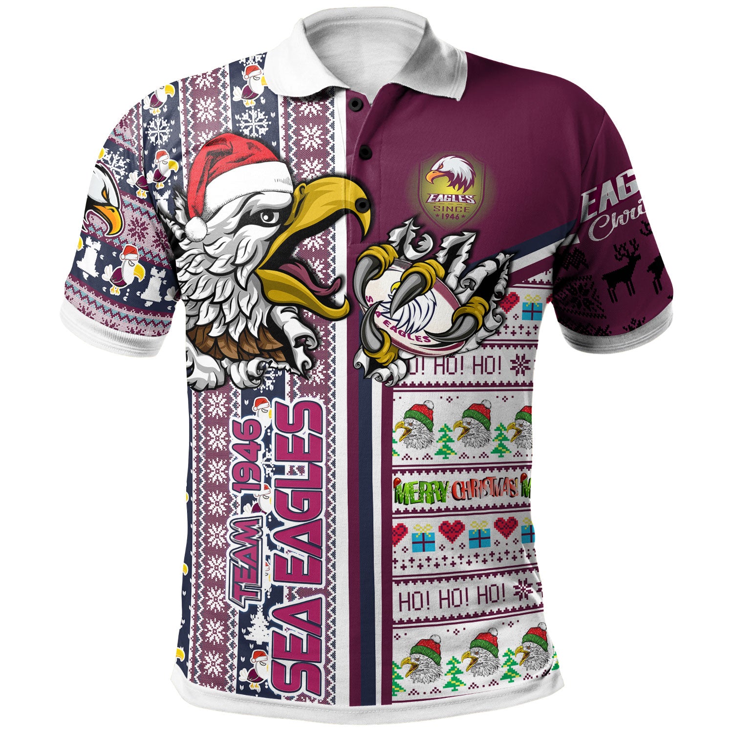 Sea Eagles Rugby Christmas Polo Shirt - Custom Scratch Eagles Snowflakes Ho Ho Ho Personalized Name And Number Polo Shirt - Vibe Hoodie Shop