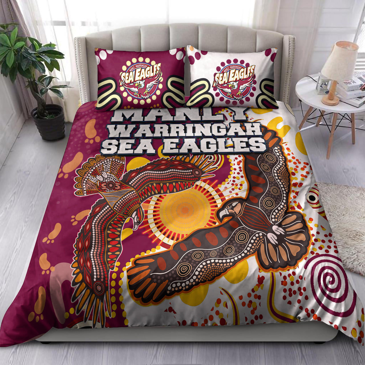 Sea Eagles Aboriginal Rugby Bedding Set - Double Sea Eagles With Tribal Sun And Footprints RLT13 - Vibe Hoodie Shop