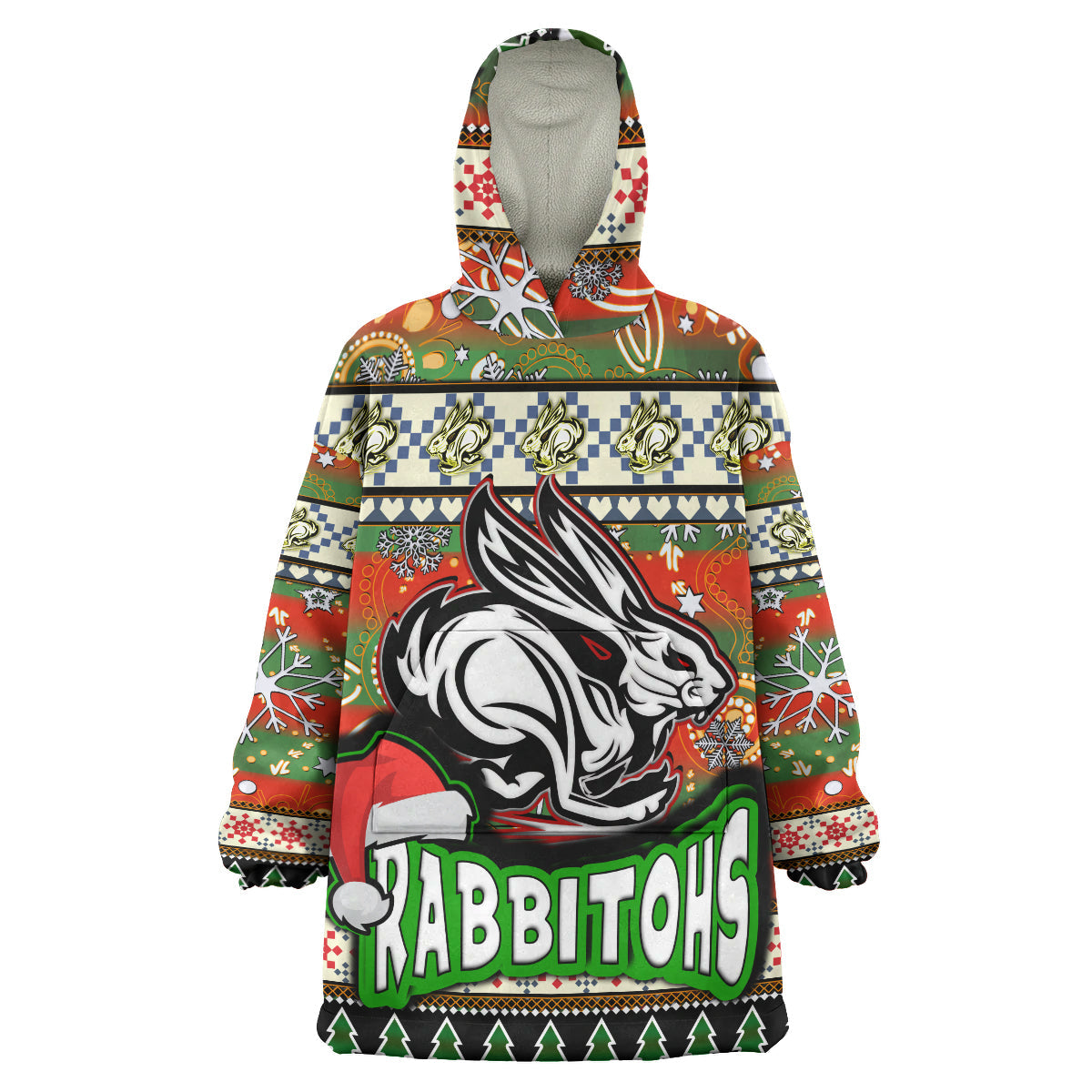 Rabbitohs Rugby Christmas Snug Hoodie - Custom Xmas Rabbitohs Christmas Balls, Snowflake With Aboriginal Patterns Wearable Blanket Hoodie - Vibe Hoodie Shop