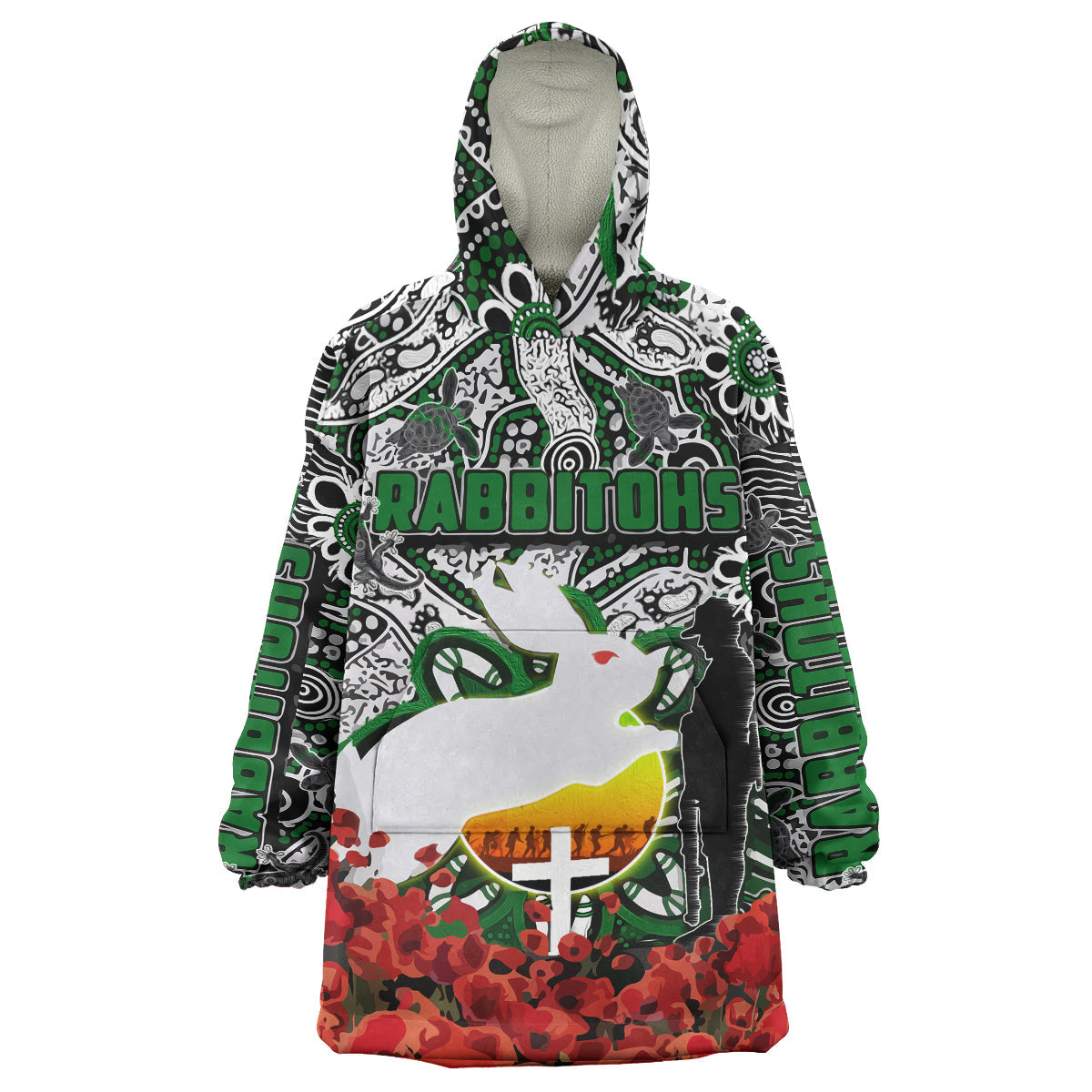Rabbitohs Rugby Anzac Day Watercolor Snug Hoodie - Lest We Forget Indigenous Dreaming Rabbitohs Wearable Blanket Hoodie - Vibe Hoodie Shop