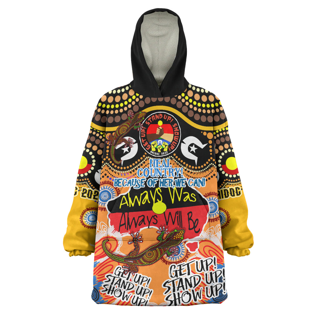 Australia NAIDOC Week 2023 Wearable Blanket Hoodie - NAIDOC Week Timeline With Aboriginal Inspired Dot Art Painting And Aussie Gecko Wearable Blanket Hoodie - Vibe Hoodie Shop