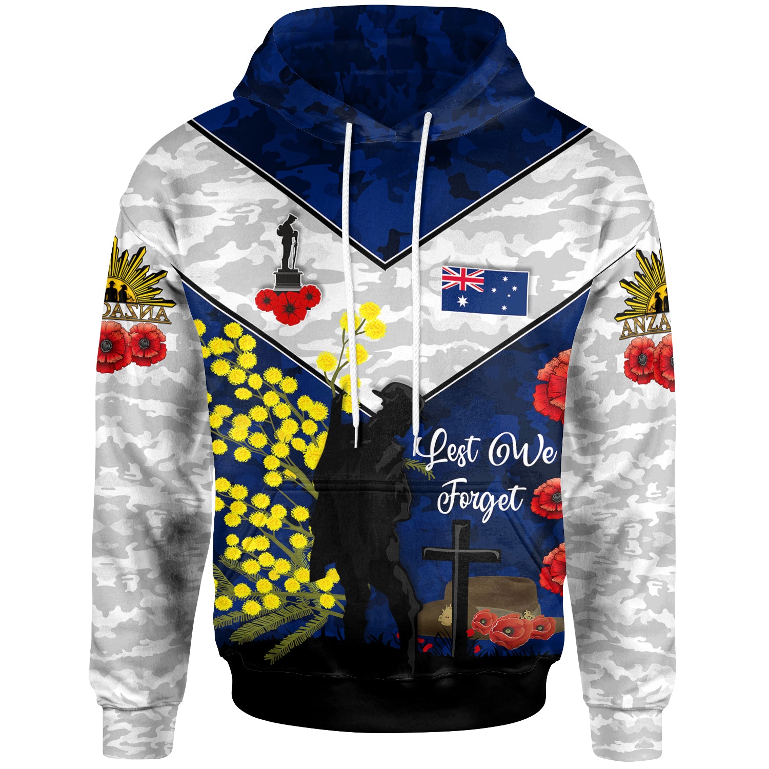 Australia Anzac Day Hoodie - Poppies with Golden Wattle Flowers Lest We Forget - Vibe Hoodie Shop