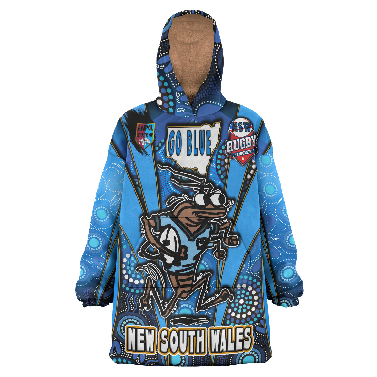 New South Wales Rugby League Team Snug Hoodie - Custom New South Wales Blues Mascot With Aboriginal Art STATE OF ORIGIN Wearable Blanket Hoodie RLT14 - Vibe Hoodie Shop