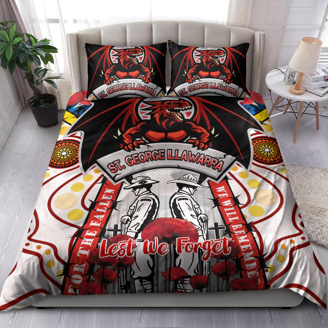 St. George Rugby ANZAC Day Watercolour Custom Bedding Set - Remembrance Dragons With Poppy Flower RLT13 - Vibe Hoodie Shop