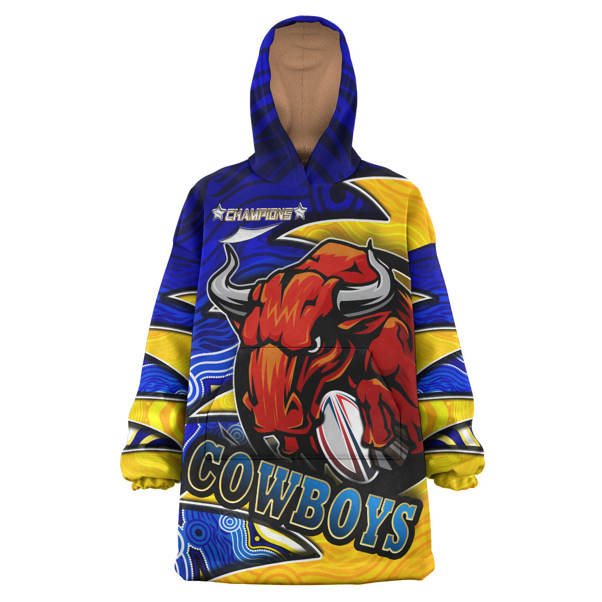 Cowboys Rugby Snug Hoodie - Custom Bull Rugby Ball With Aboriginal Style Pattern Personalised Player And Number Wearable Blanket Hoodie RLT14 - Vibe Hoodie Shop
