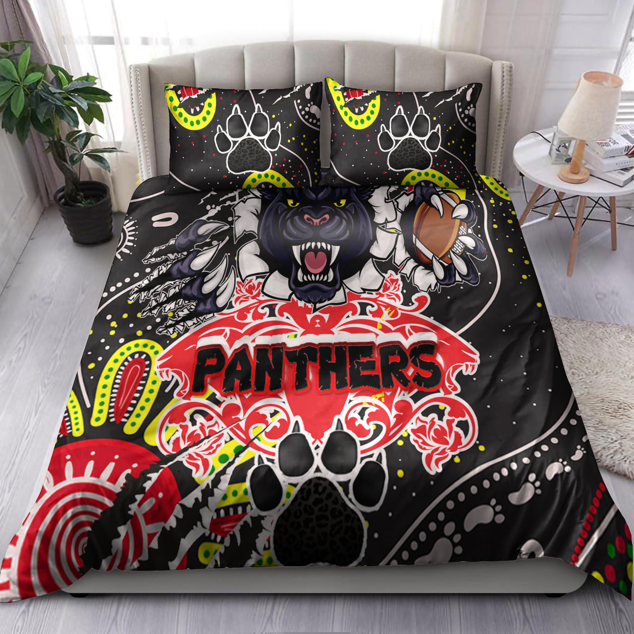 Panthers Rugby Aboriginal Bedding Set - Indigenous Super Black Panthers Scratch Style RLT13 - Vibe Hoodie Shop