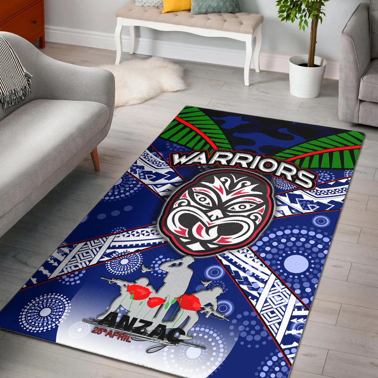 Warriors Rugby Area Rug - Aboriginal Dot Art ANZAC Day Warriors With Poppy Flower Patterns Area Rug RLT12 - Vibe Hoodie Shop