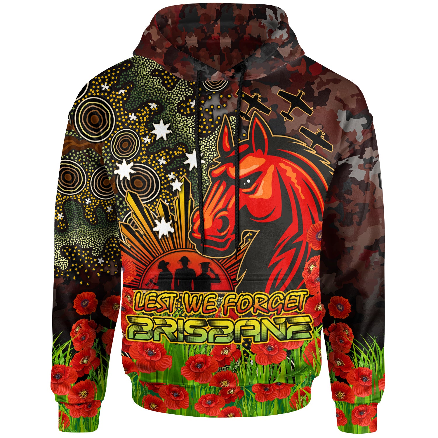 Australia Brisbane Anzac Custom Hoodie - Anzac Brisbane with Remembrance Poppy and Indigenous Patterns Hoodie - Vibe Hoodie Shop