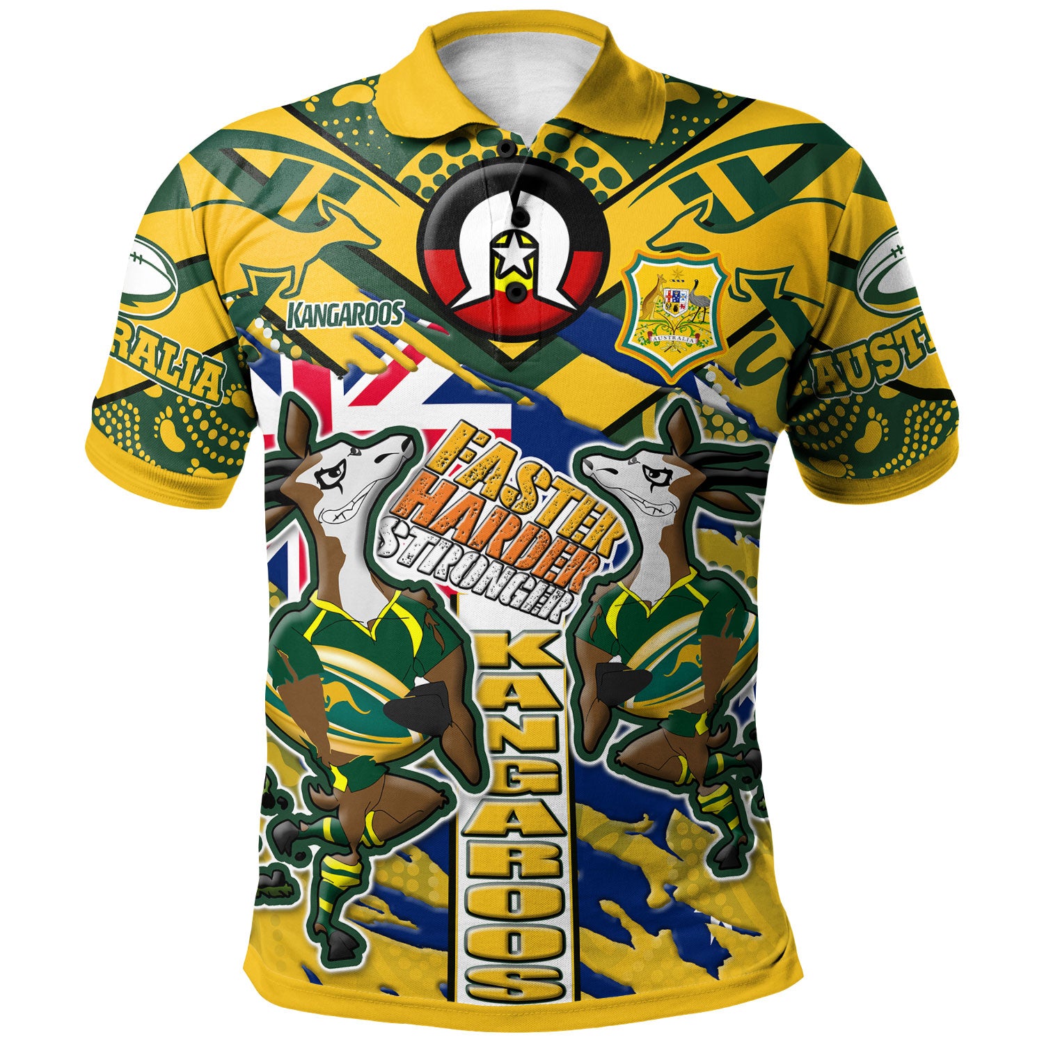 Australia National Rugby League Team Polo Shirt - Custom "Faster, Harder, Stronger" Kangaroos Squad Aboriginal Pride Polo Shirt - Vibe Hoodie Shop