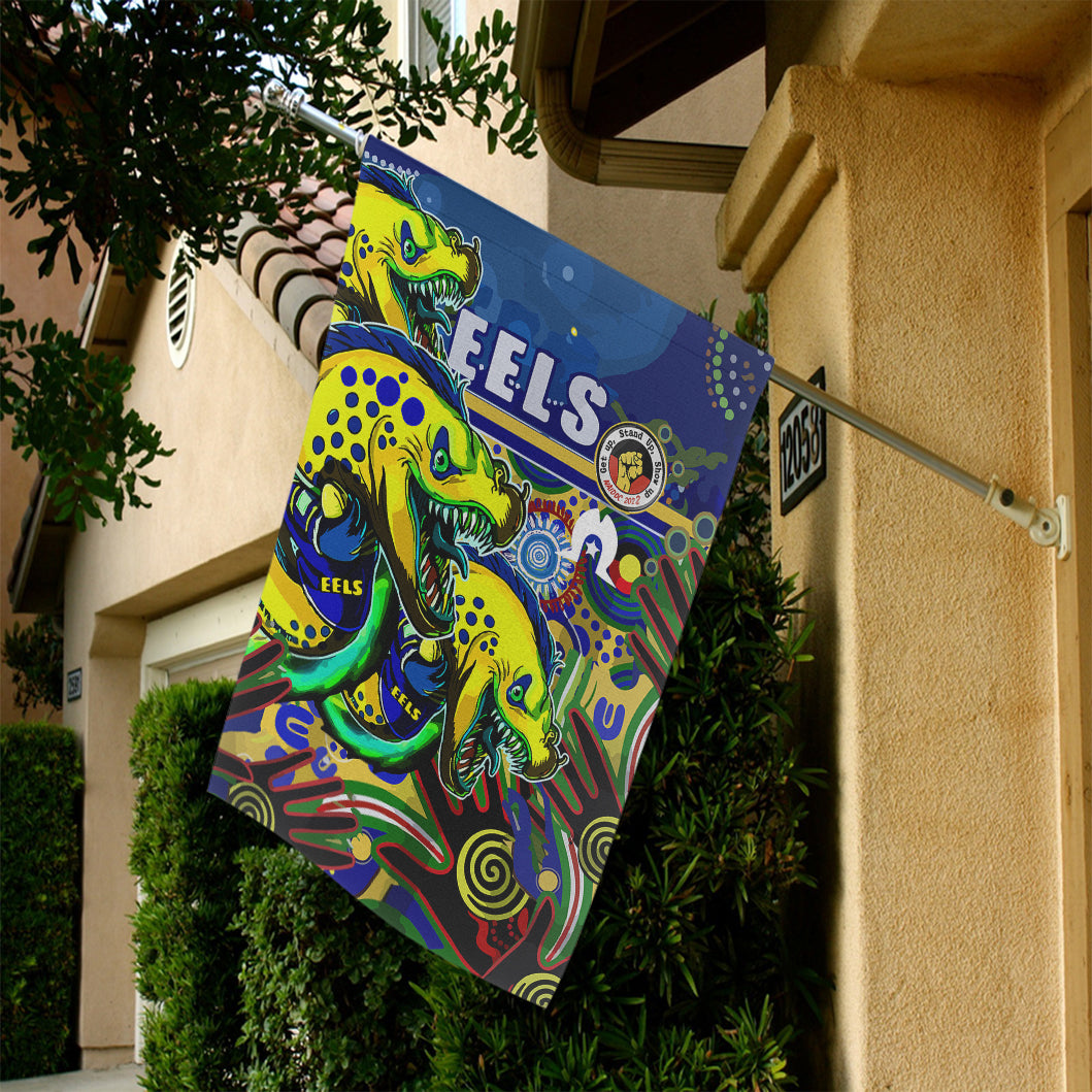 Eels Rugby Naidoc Week Flag - Custom Eels Getting Up, Standing Up, and Showing Up Flag - Vibe Hoodie Shop