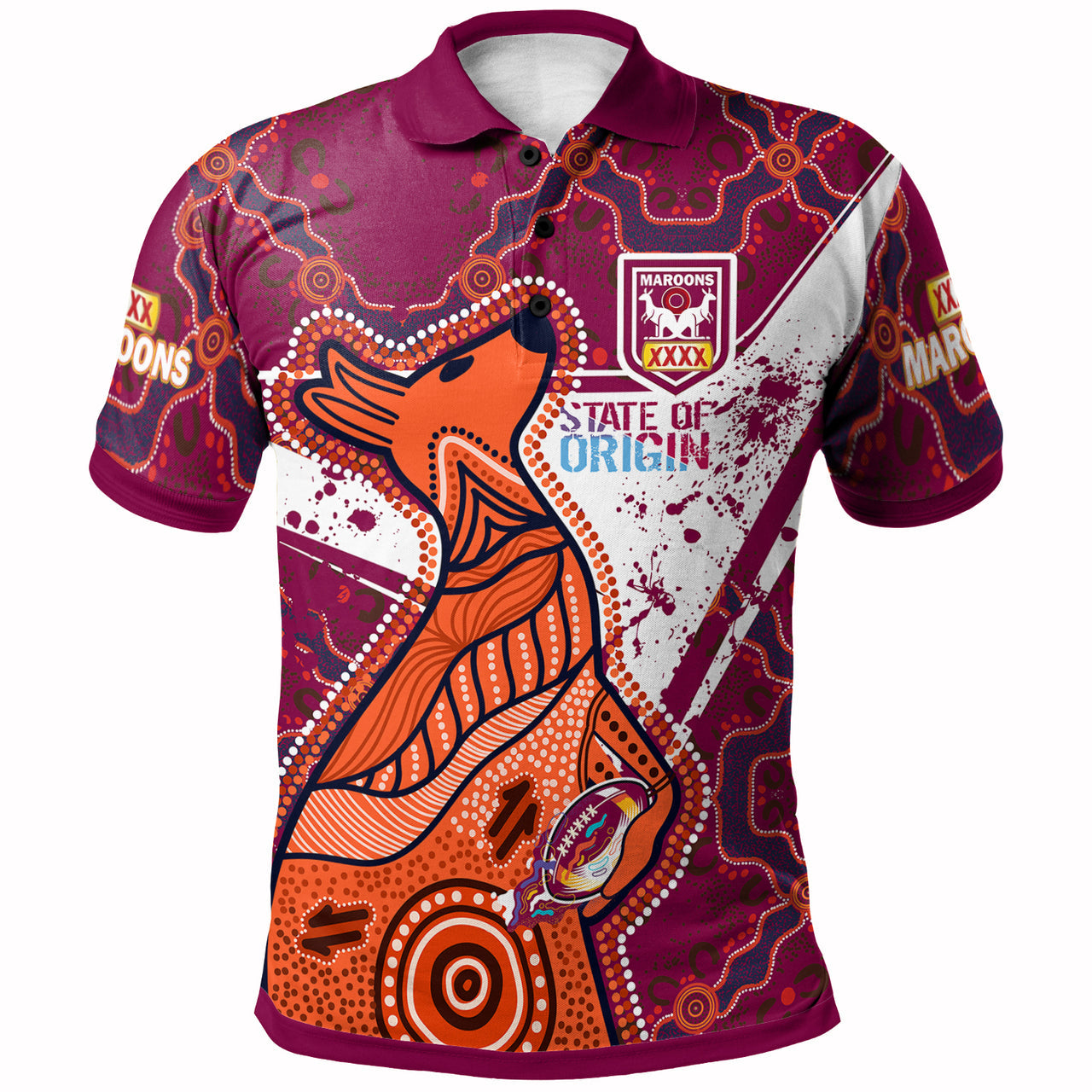 Queensland Rugby League Team Polo Shirt - Custom Queensland Maroons With Kangaroo Rugby Ball State Of Origin Dot Art Painting Polo Shirt RLT12 - Vibe Hoodie Shop