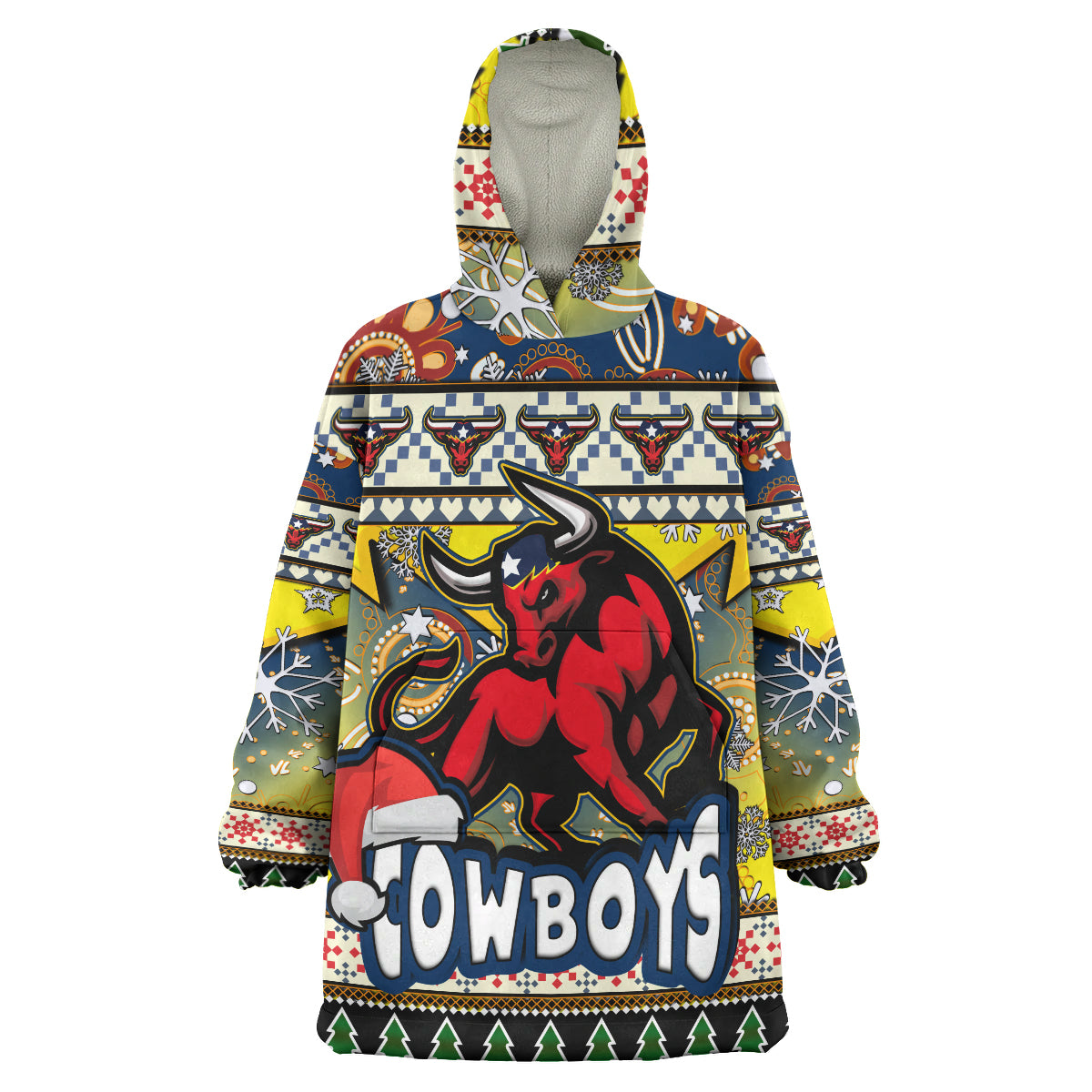Cowboys Rugby Christmas Snug Hoodie - Custom Xmas Cowboys Christmas Balls, Snowflake With Aboriginal Patterns Wearable Blanket Hoodie - Vibe Hoodie Shop