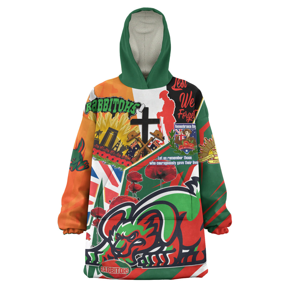 Rabbitohs Rugby Snug Hoodie - Custom Remembrance Rabbitohs Anzac Quote With Poppy And Rosemary Wearable Blanket Hoodie - Vibe Hoodie Shop