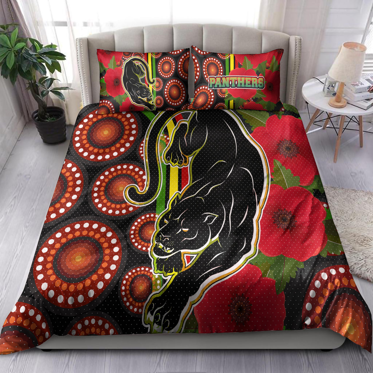 Panthers Rugby Bedding Set - Aboriginal Panthers ANZAC Day Panther With Poppy Flower Bedding Set RLT12 - Vibe Hoodie Shop