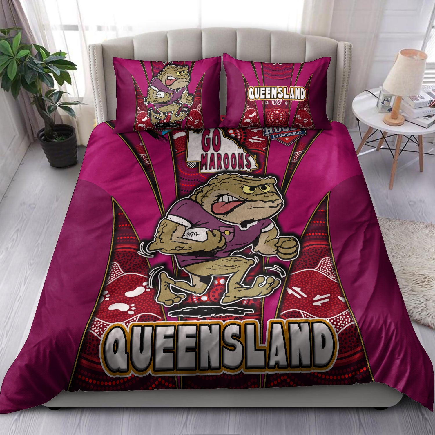 Queensland Rugby League Team Bedding Set - Queensland Maroons Mascot With Aboriginal Art STATE OF ORIGIN Bedding Set - Vibe Hoodie Shop