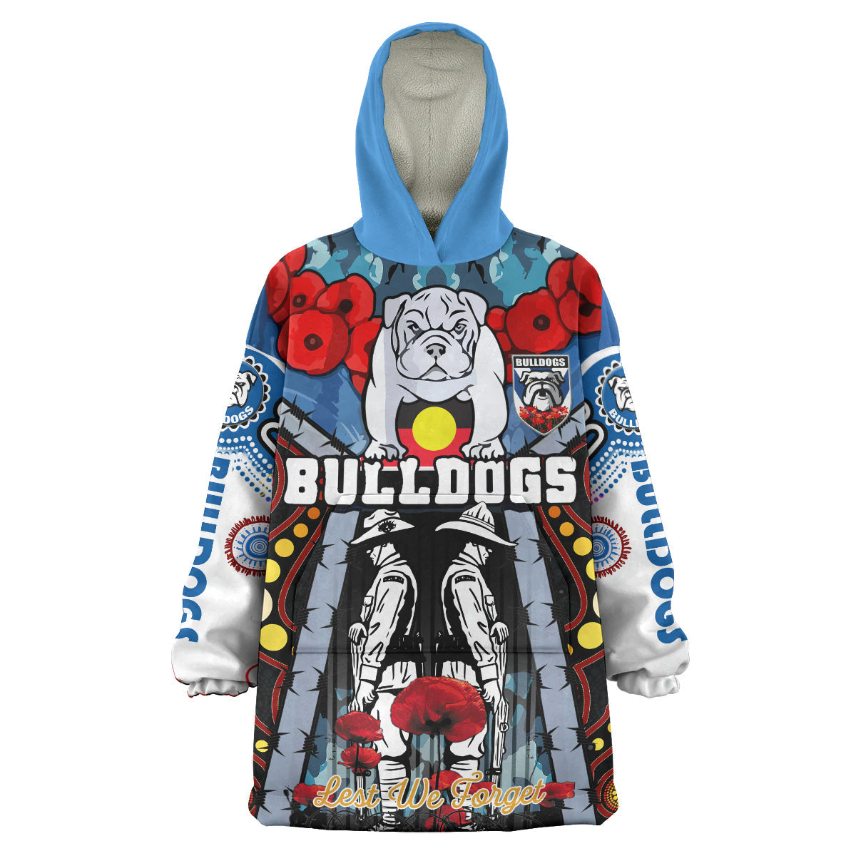 Bulldogs Aboriginal Rugby Anzac Day Snug Hoodie - Remembrance Indigenous Culture Bulldogs With Poppy Flower Watercolour Style Wearable Blanket Hoodie - Vibe Hoodie Shop