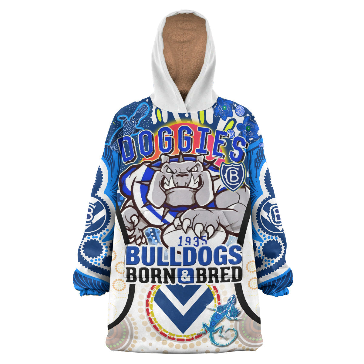 Bulldogs Rugby Snug Hoodie - Custom Bulldogs Mascot With Aboriginal Art Personalised Player And Number Wearable Blanket Hoodie RLT14 - Vibe Hoodie Shop
