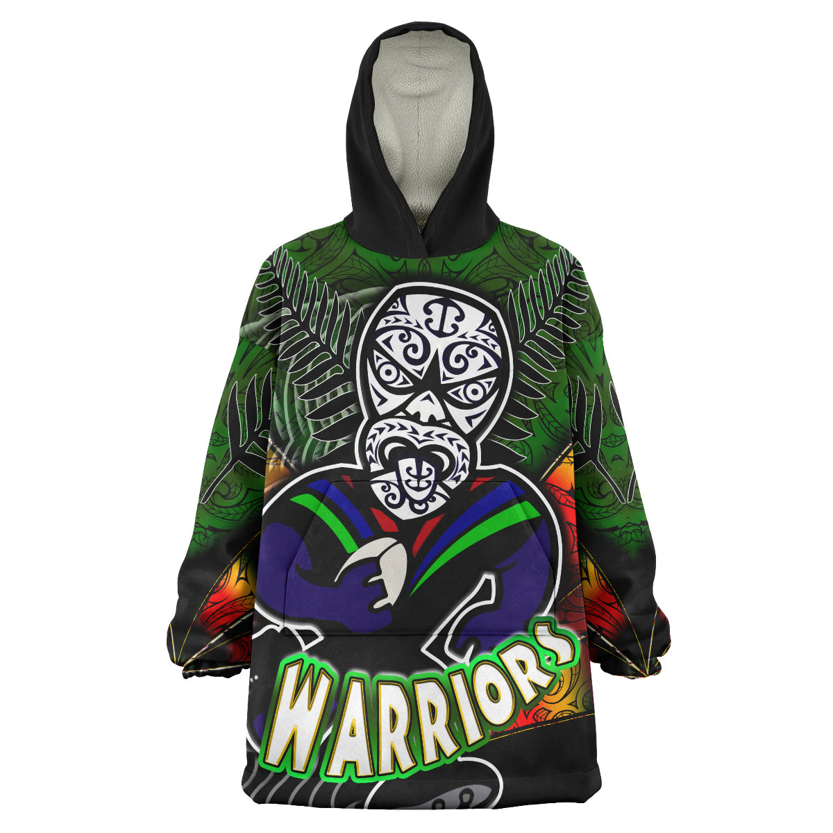 Warriors Rugby Snug Hoodie - Custom Warrios Maori Mask Rugby Player Maori Style Ethnic Ornament Pattern Player And Number Wearable Blanket Hoodie - Vibe Hoodie Shop