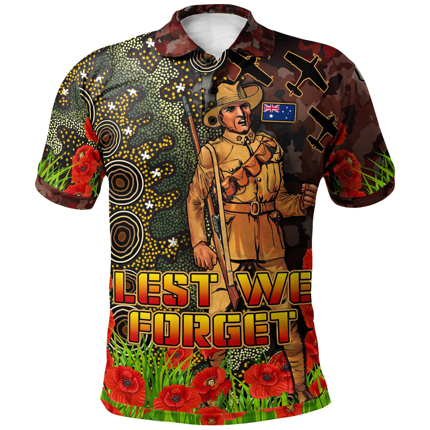 Australia Anzac Polo Shirt - Anzac Soldier with Remembrance Poppy and Indigenous Patterns Polo Shirt - Vibe Hoodie Shop