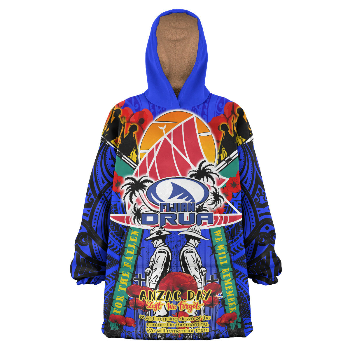 Fijian Drua Rugby Custom Snug Hoodie - Fijian Drua Anzac Day Remembrance with Poppy Flower And Polynesian Patterns Wearable Blanket Hoodie RLT14 - Vibe Hoodie Shop