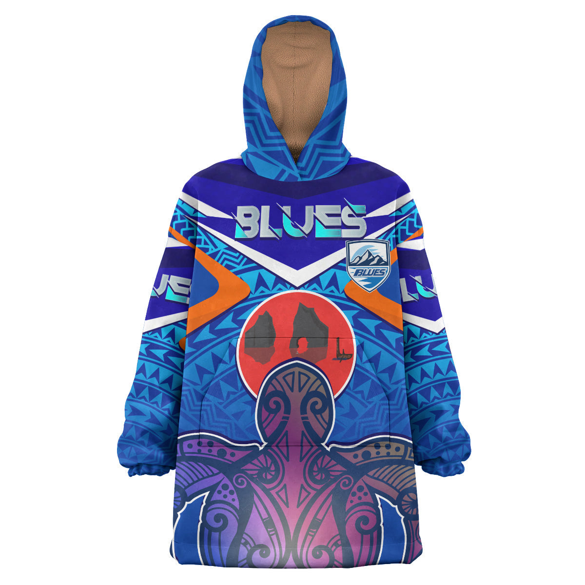 Blues Rugby Custom Polynesian Snug Hoodie - Auckland Blues Rugby With Wharariki Beach And Maori Sea Turtle Wearable Blanket Hoodie RLT14 - Vibe Hoodie Shop