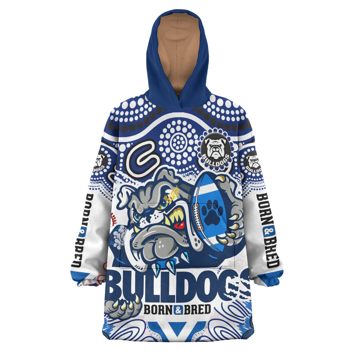 Bulldogs Rugby "Born & Bred" Snug Hoodie - Indigenous Bulldogs With Rugby Ball And Aboriginal Patterns Wearable Blanket Hoodie RLT14 - Vibe Hoodie Shop