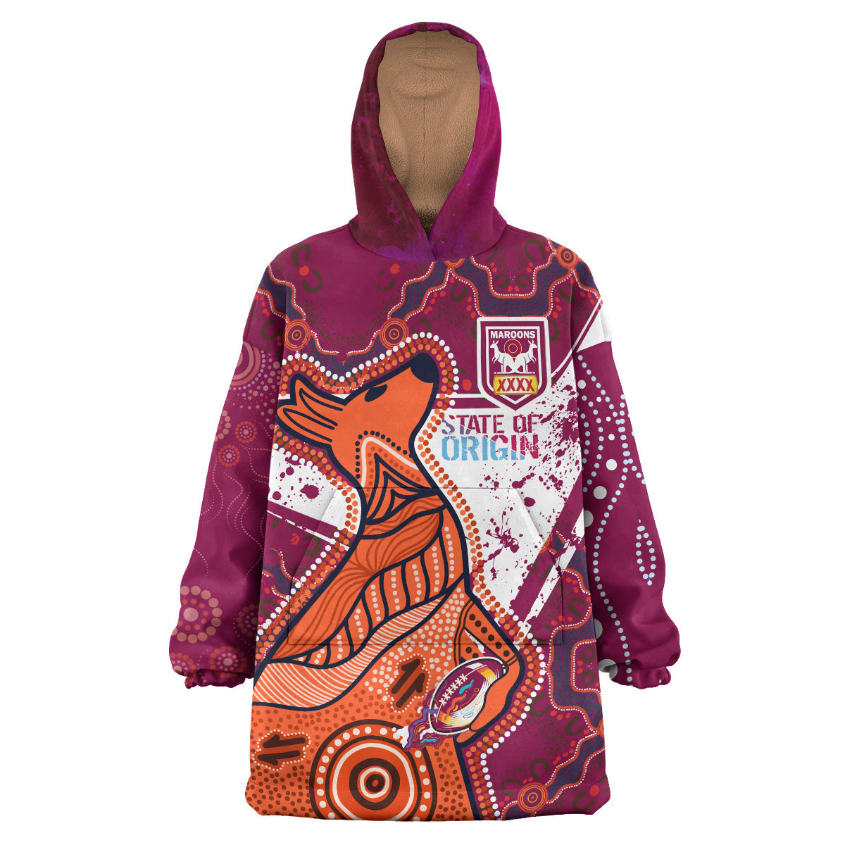 Queensland Rugby League Team Snug Hoodie - Queensland Maroons Kangaroo STATE OF ORIGIN Dot Art Painting Splash Wearable Blanket Hoodie RLT14 - Vibe Hoodie Shop