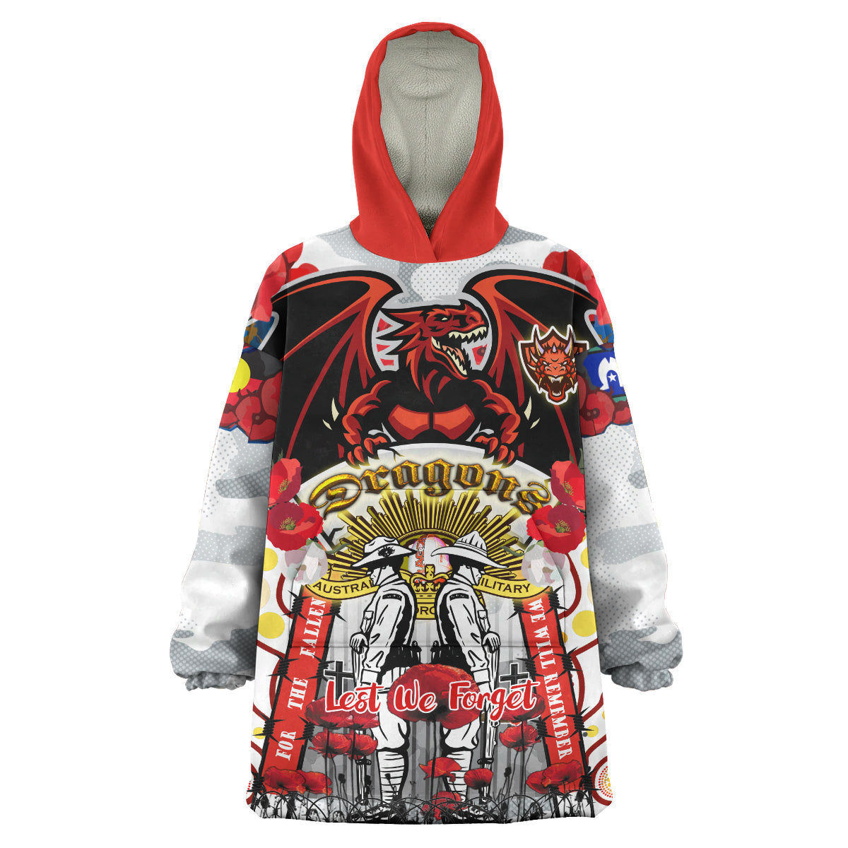 St. George Rugby Anzac Watercolour Snug Hoodie - Custom Remembrance Dragons With Poppy Flower Wearable Blanket Hoodie - Vibe Hoodie Shop