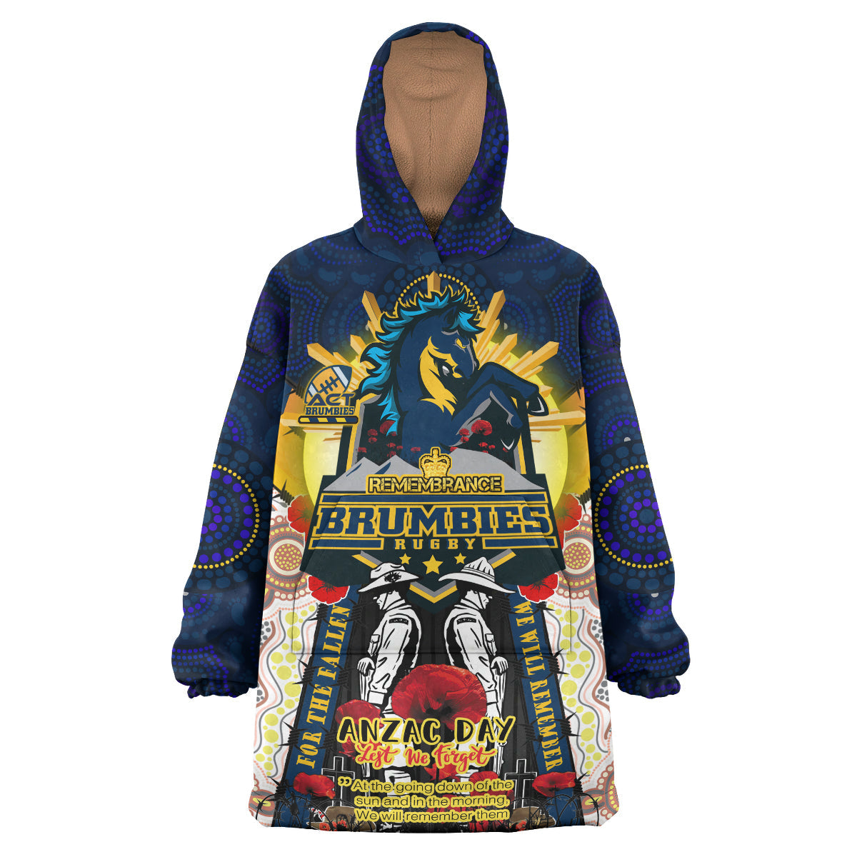 Brumbies Rugby Custom Snug Hoodie - Remembrance Canberra ACT Brumbies With Indigenous Patterns And Poppy Flowers Wearable Blanket Hoodie RLT14 - Vibe Hoodie Shop