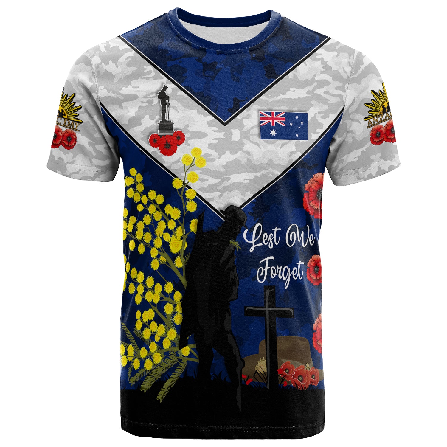 Australia Anzac Day T-shirt - Poppies with Golden Wattle Flowers Lest We Forget - Vibe Hoodie Shop