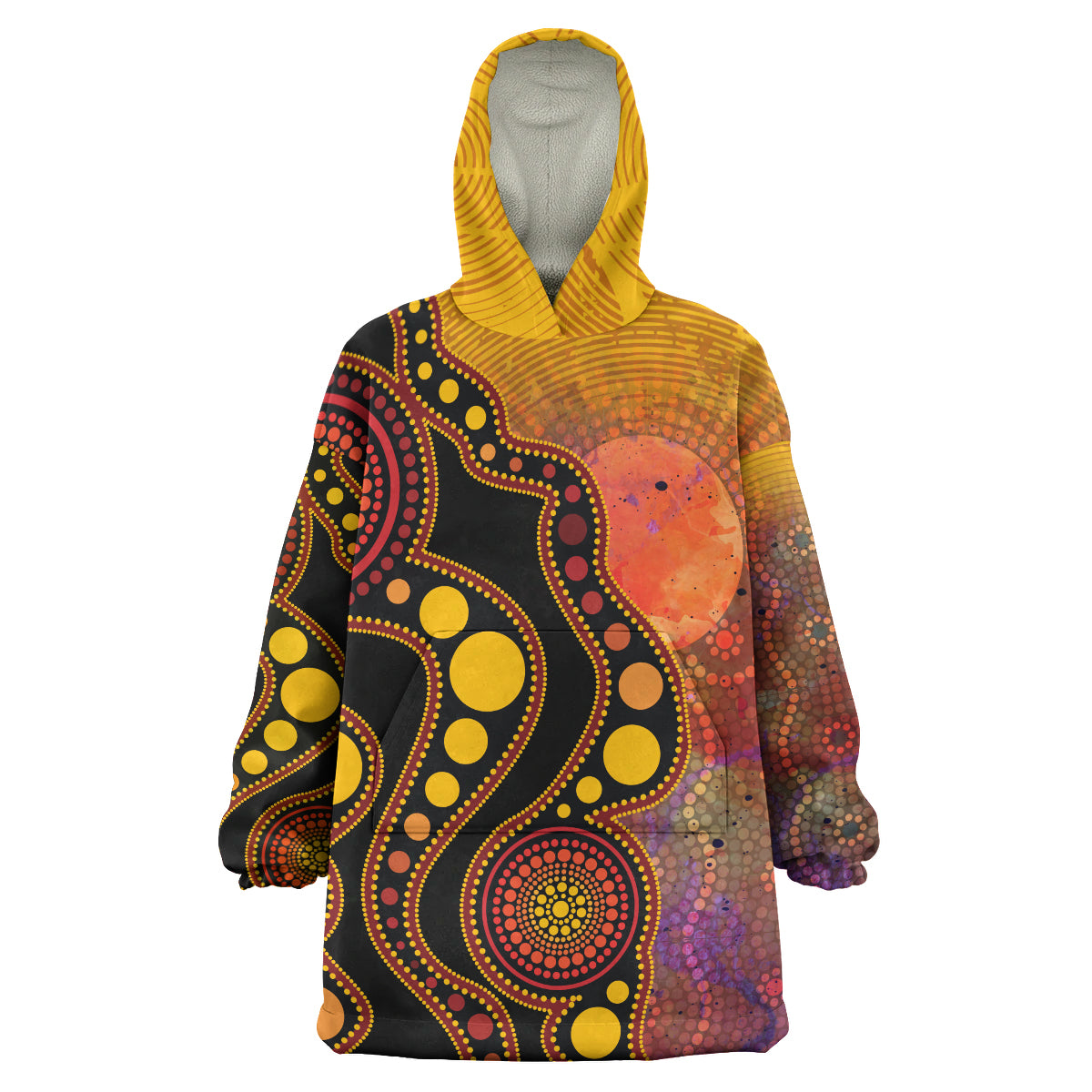 Australia Aboriginal Inspired Wearable Blanket Hoodie - Australia Indigenous Flag Circle Dot Painting Art Wearable Blanket Hoodie (Golden) - Vibe Hoodie Shop