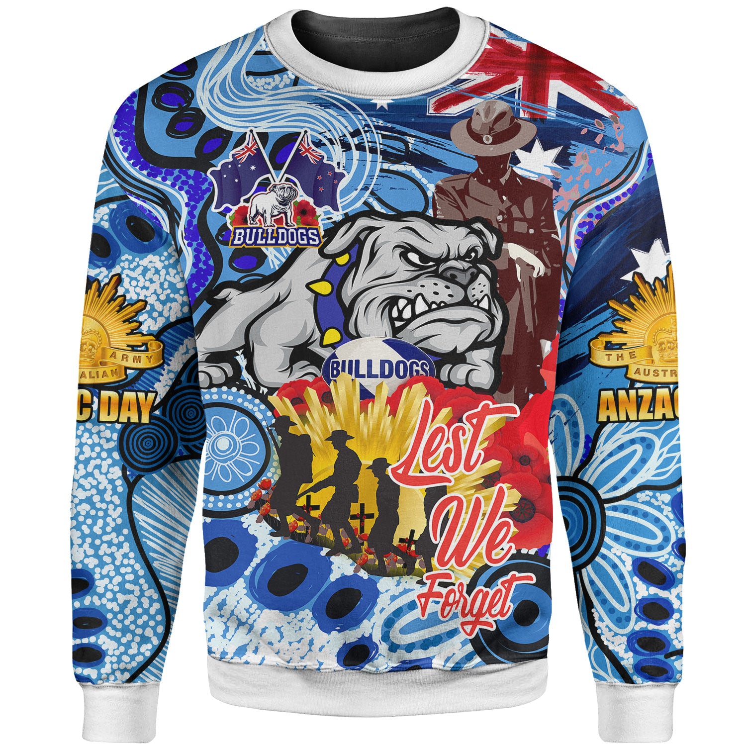 Bulldogs Rugby Australia And NZ Anzac Sweatshirt - Lest We Forget Bulldogs With Rugby Ball And Aboriginal Patterns Sweatshirt - Vibe Hoodie Shop