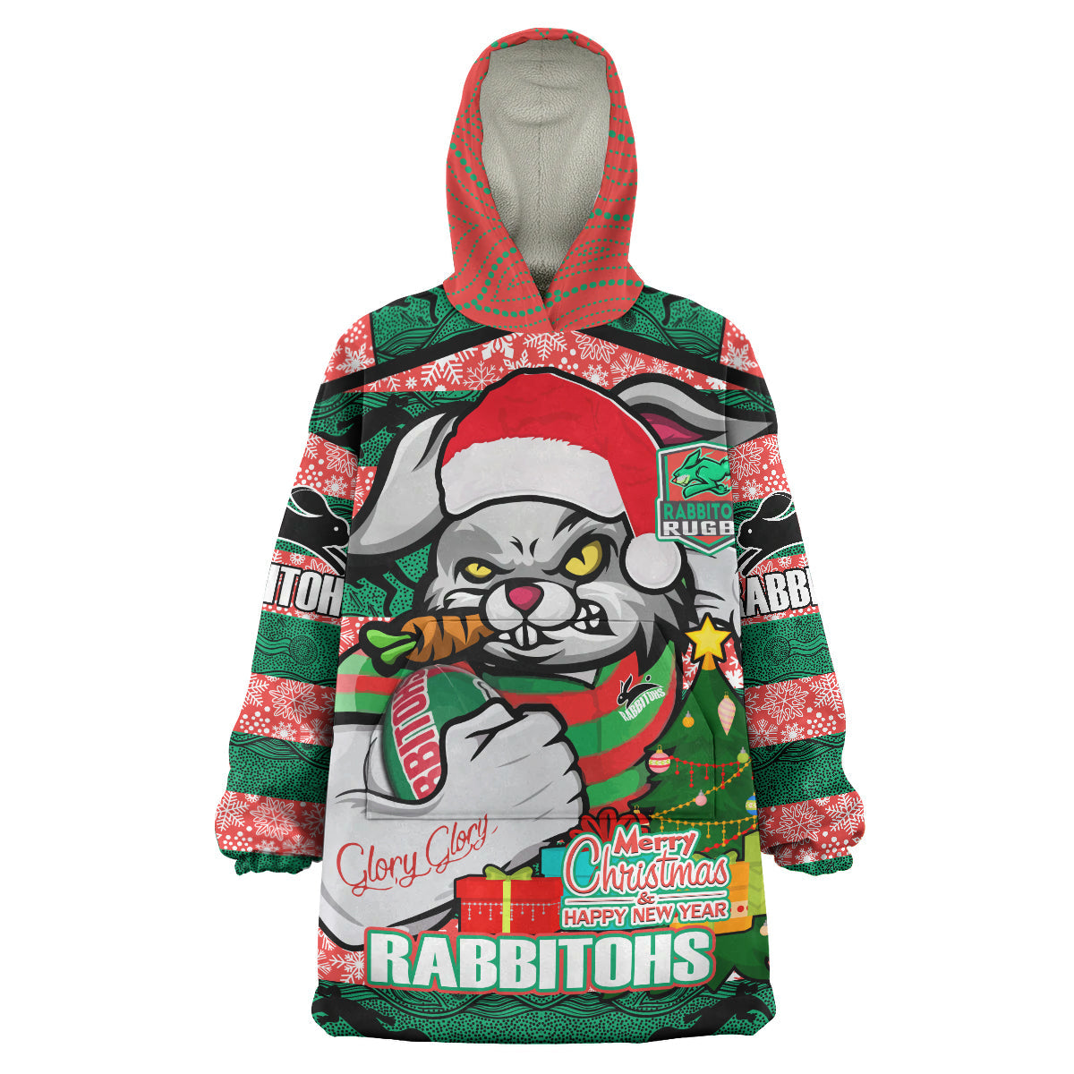 Rabbitohs Christmas Rugby Snug Hoodie - Merry Christmas Super Rabbitohs With Rugby Ball And Aboriginal Patterns Custom Wearable Blanket Hoodie - Vibe Hoodie Shop