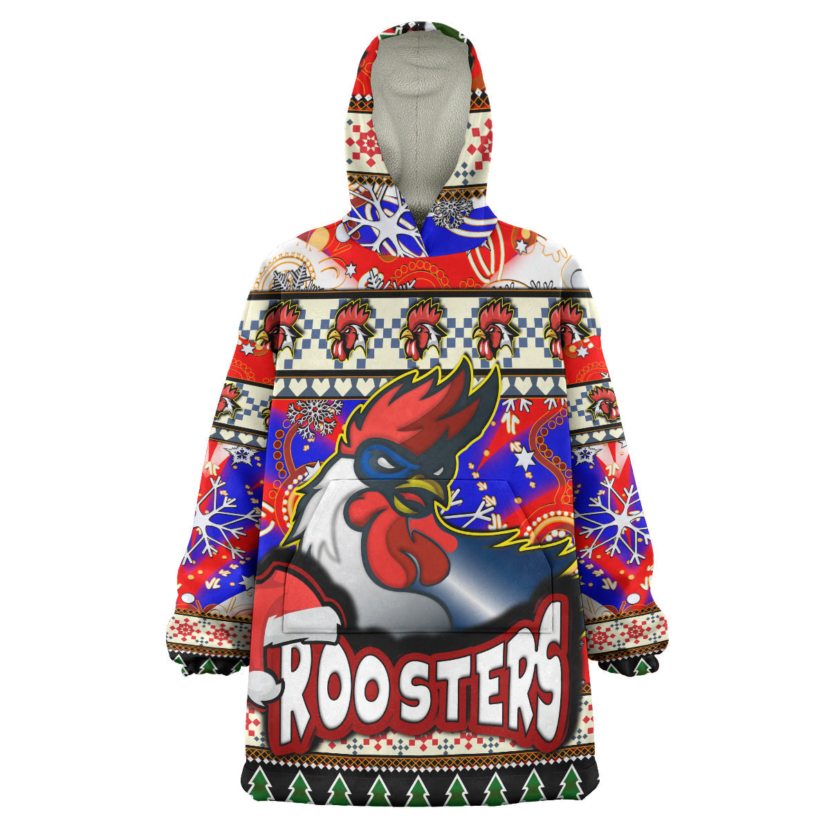 Roosters Rugby Christmas Snug Hoodie - Custom Xmas Roosters Christmas Balls, Snowflake With Aboriginal Patterns Wearable Blanket Hoodie - Vibe Hoodie Shop