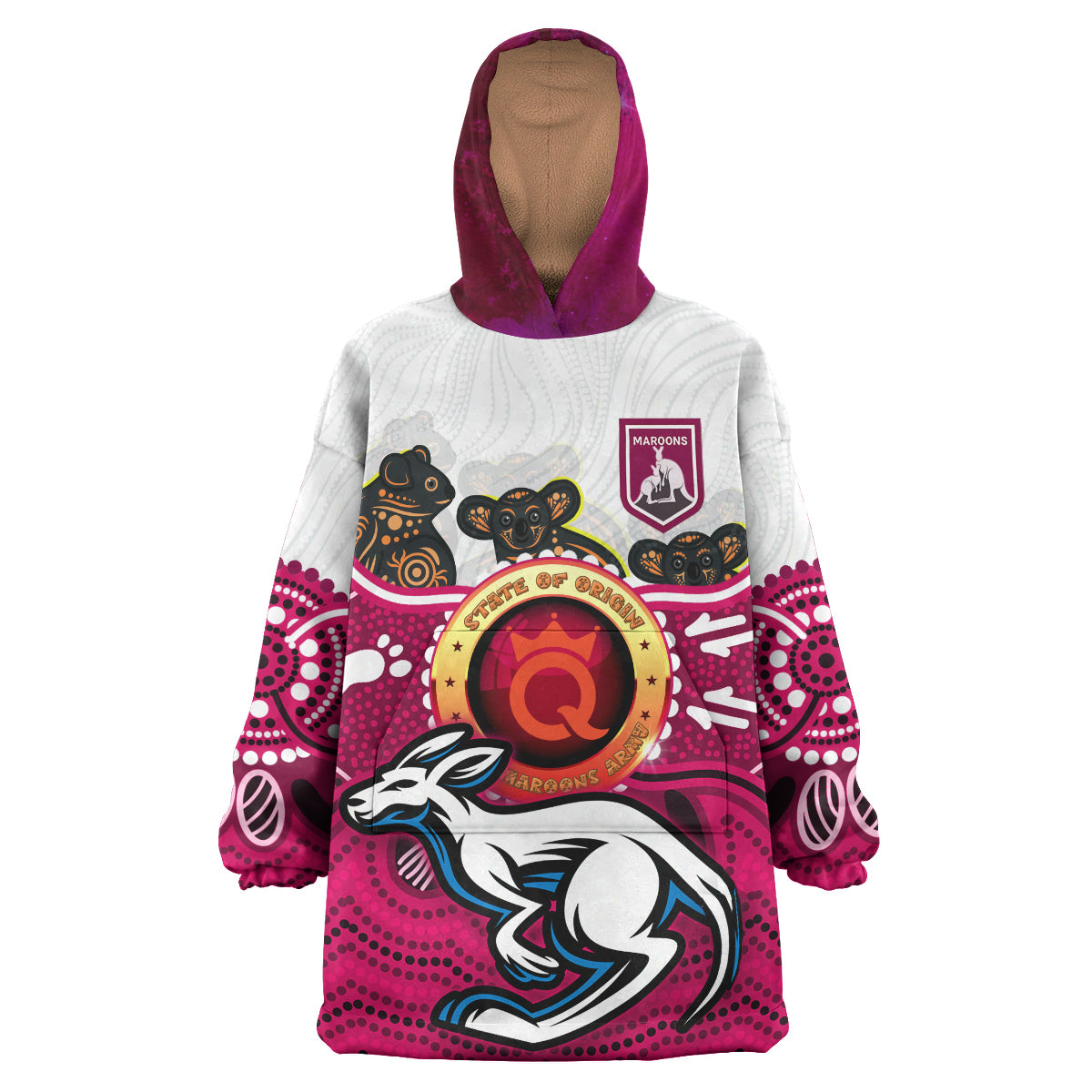 Maroons Rugby Aboriginal Snug Hoodie - Queensland Maroons Kangaroo With Indigenous Koala Wearable Blanket Hoodie RLT14 - Vibe Hoodie Shop