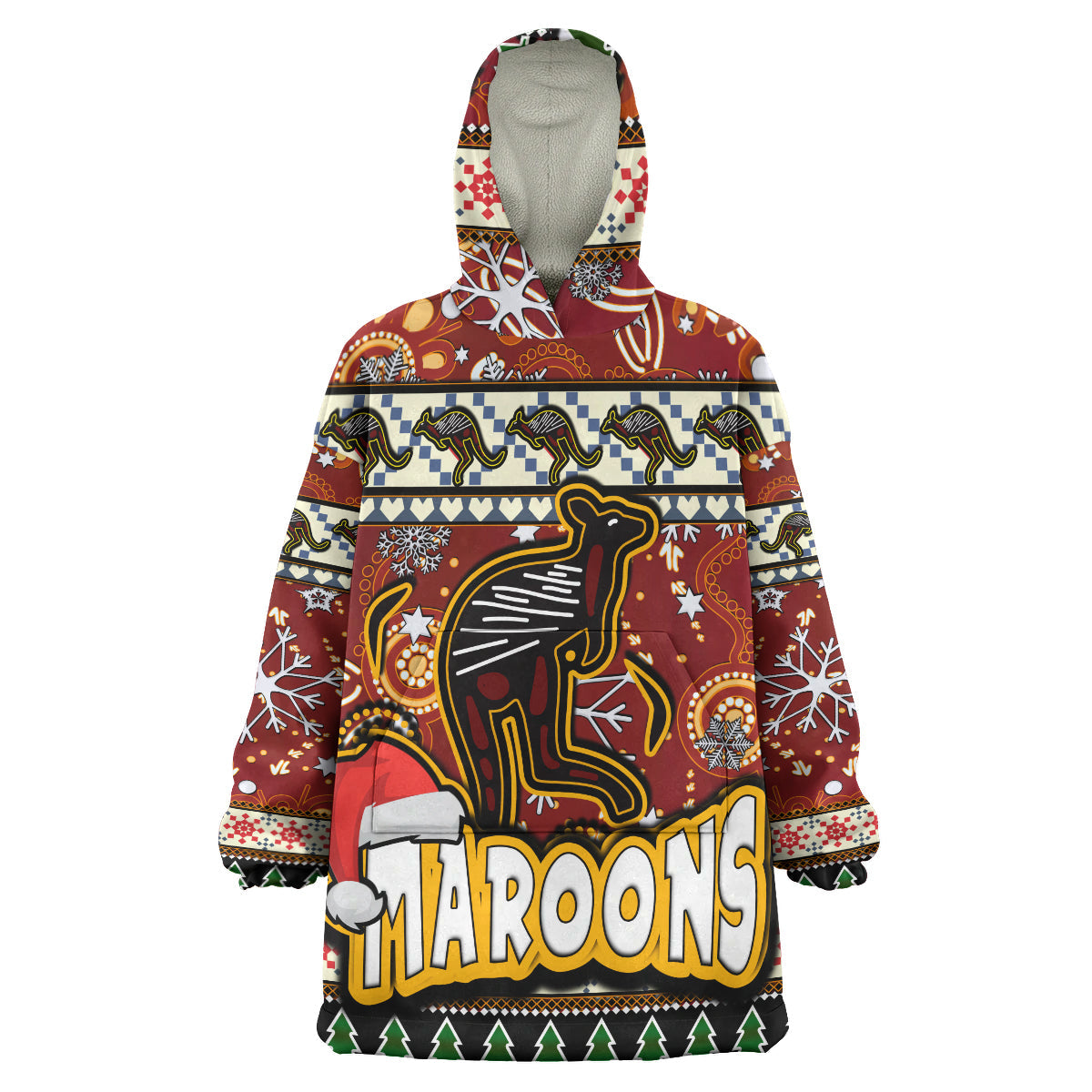 Maroons Rugby Christmas Snug Hoodie - Custom Xmas Maroons Christmas Balls, Snowflake With Aboriginal Patterns Wearable Blanket Hoodie - Vibe Hoodie Shop