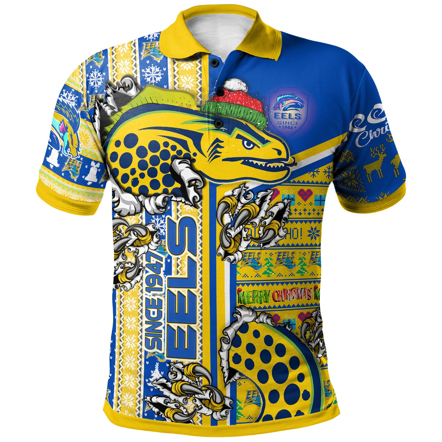 Eels Rugby Christmas Polo Shirt - Custom Scratch Super Eels Snowflakes Personalized Name And Number Polo Shirt - Vibe Hoodie Shop