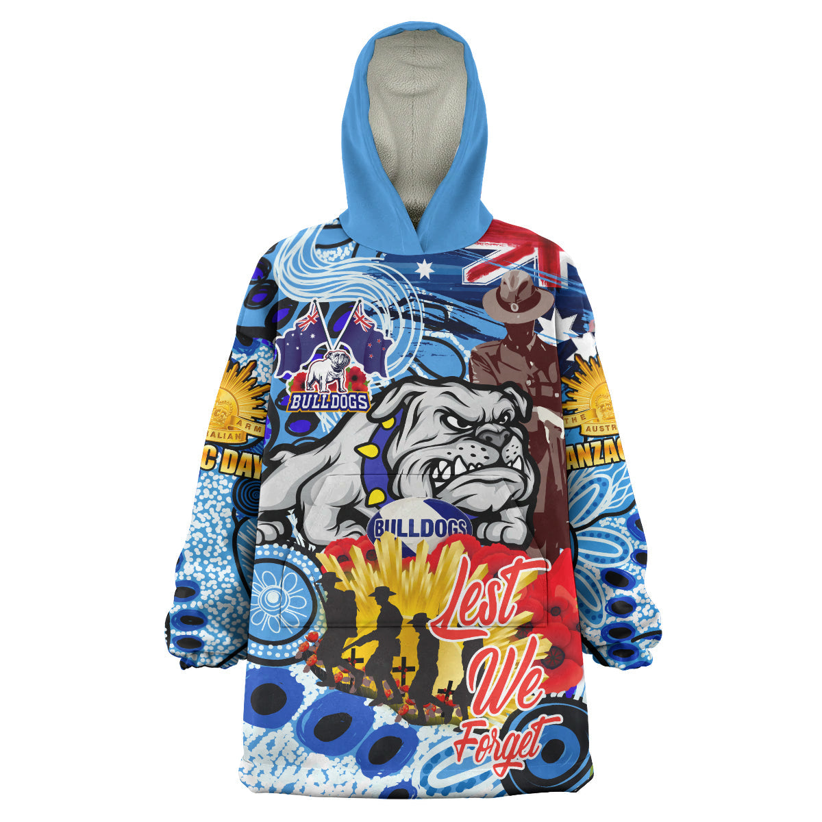 Bulldogs Rugby Australia And NZ Anzac Day Snug Hoodie - Lest We Forget Bulldogs With Rugby Ball And Aboriginal Patterns Wearable Blanket Hoodie - Vibe Hoodie Shop