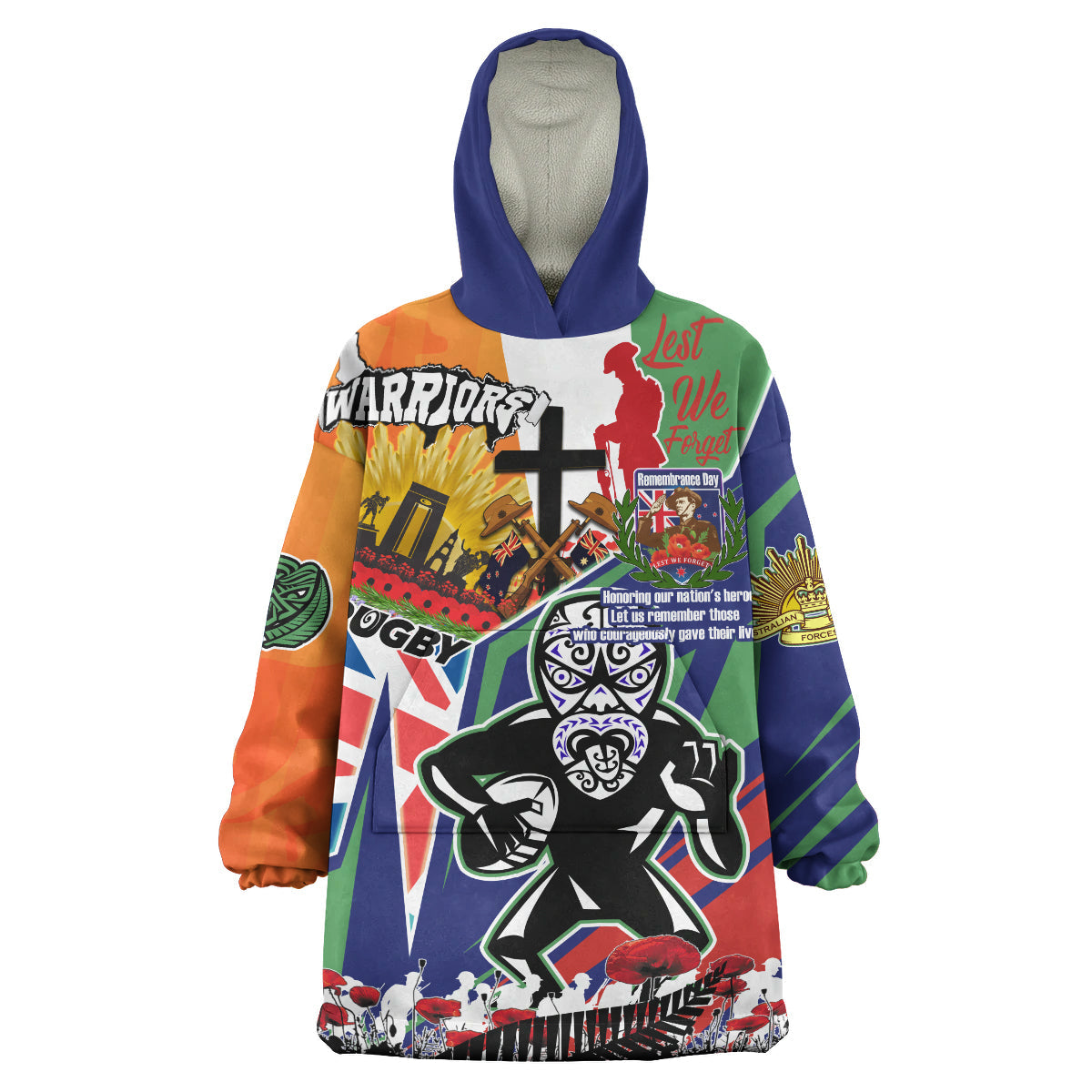 Warriors Rugby Snug Hoodie - Custom Remembrance Warriors Anzac Quote With Poppy And Rosemary Wearable Blanket Hoodie - Vibe Hoodie Shop