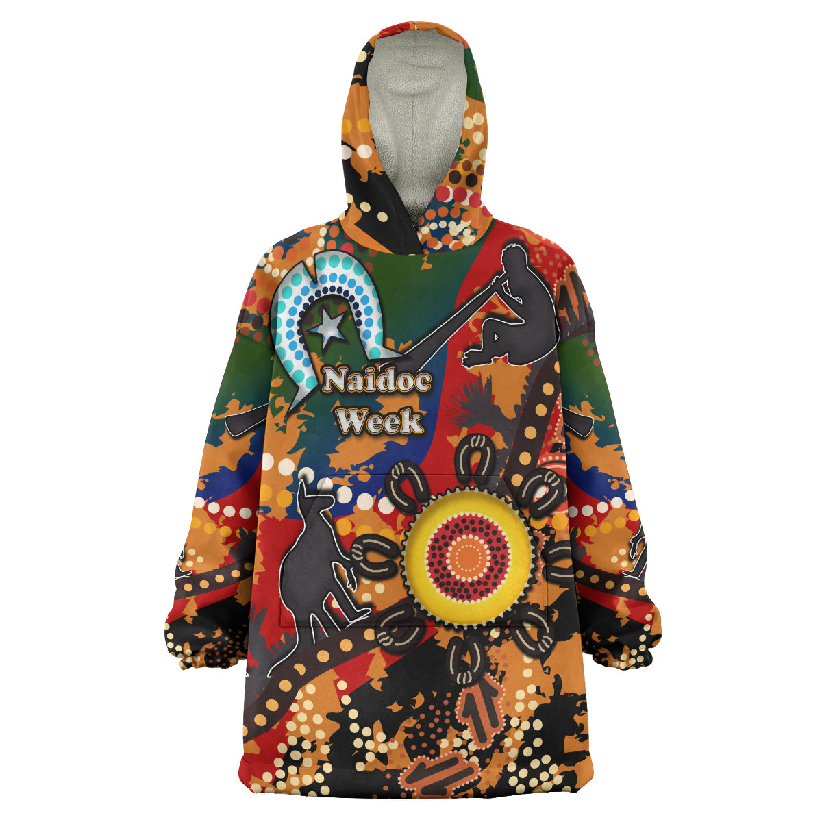 Australia NAIDOC Week 2023 Wearable Blanket Hoodie- Custom Naidoc Aboriginal Inspired Dot Art Painting With Native Kangaroo "Get up, Stand up, Show up," Wearable Blanket Hoodie - Vibe Hoodie Shop