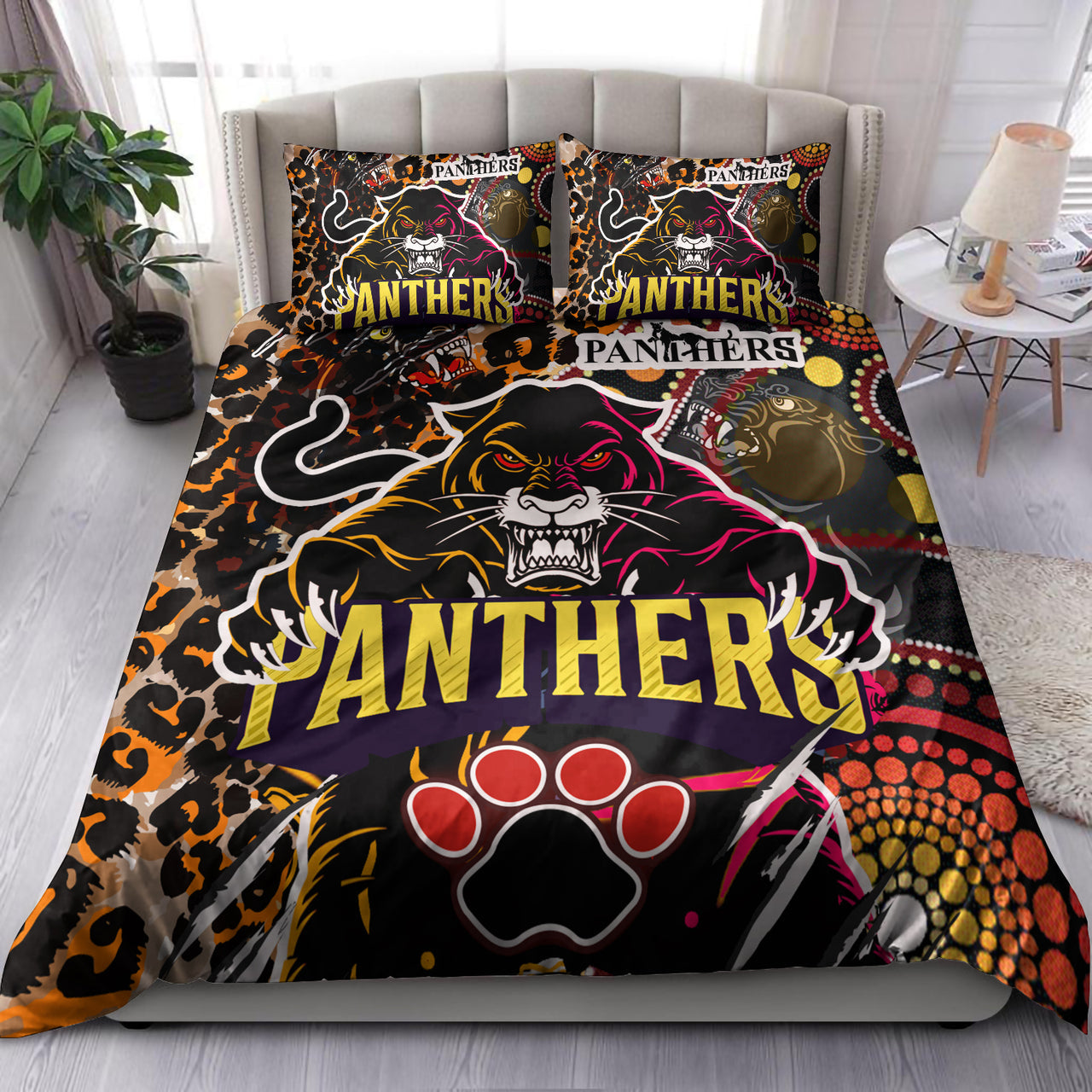 Panthers Rugby League Football Club Bedding Set - The Indigenous Wild Black Panthers Scratch Style RLT13 - Vibe Hoodie Shop