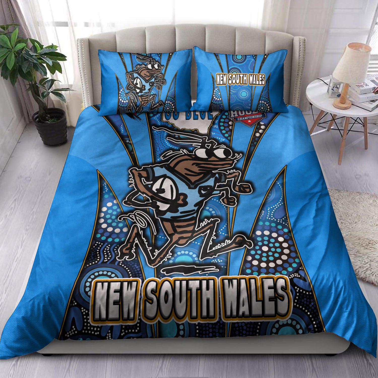 New South Wales Rugby League Team Bedding Set - New South Wales Blues Mascot With Aboriginal Art STATE OF ORIGIN Bedding Set - Vibe Hoodie Shop