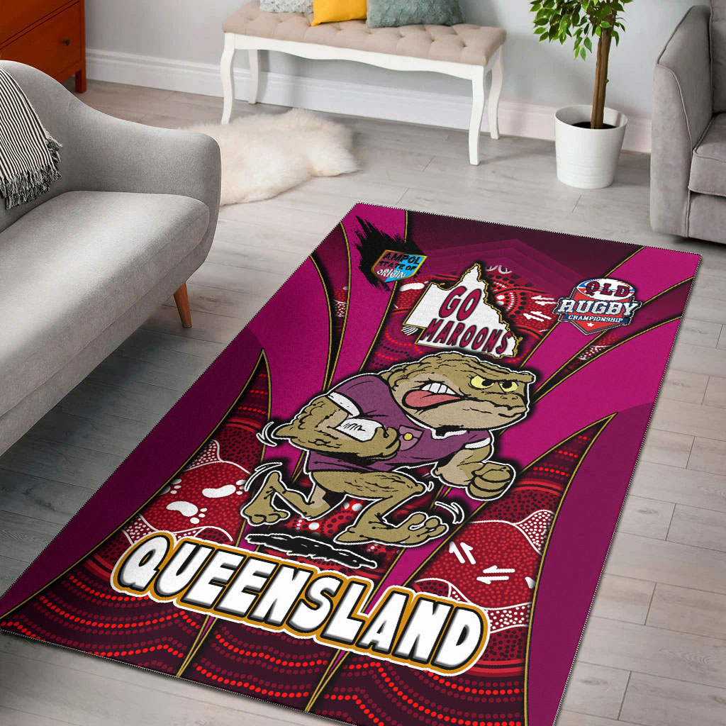 Queensland Rugby League Team Area Rug - Queensland Maroons Mascot With Aboriginal Art STATE OF ORIGIN Area Rug - Vibe Hoodie Shop