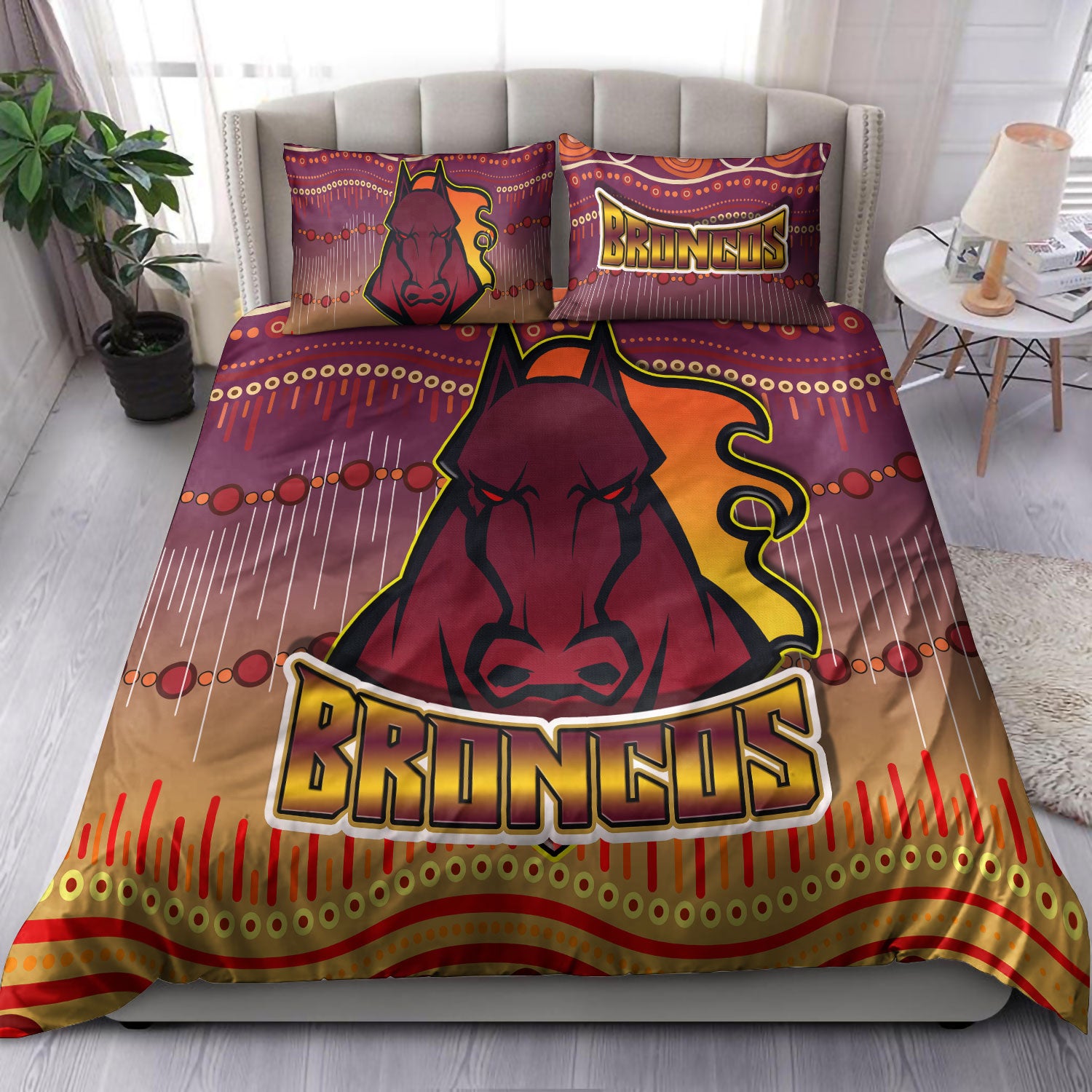 Broncos Rugby Bedding Set - Horse Aboriginal Patterns Bedding Set - Vibe Hoodie Shop