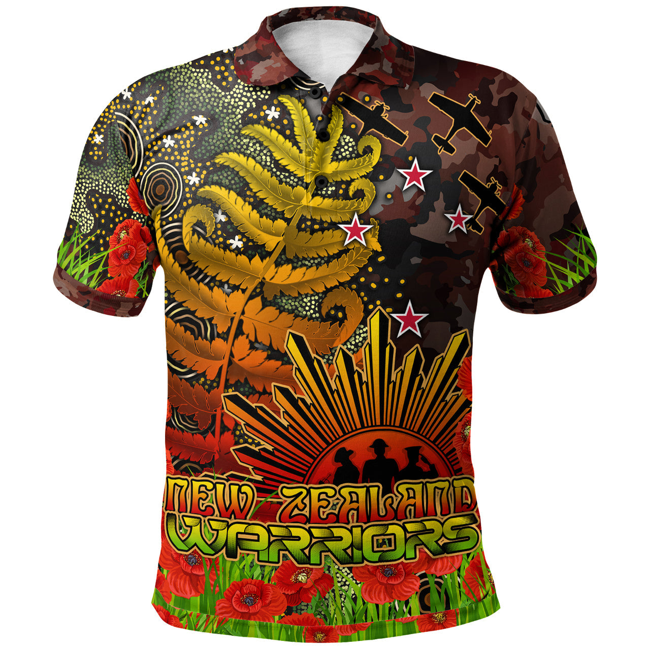 Warriors Rugby Polo Shirt - Custom ANZAC Warriors with Remembrance Poppy and Indigenous Patterns Polo Shirt RLT13 - Vibe Hoodie Shop