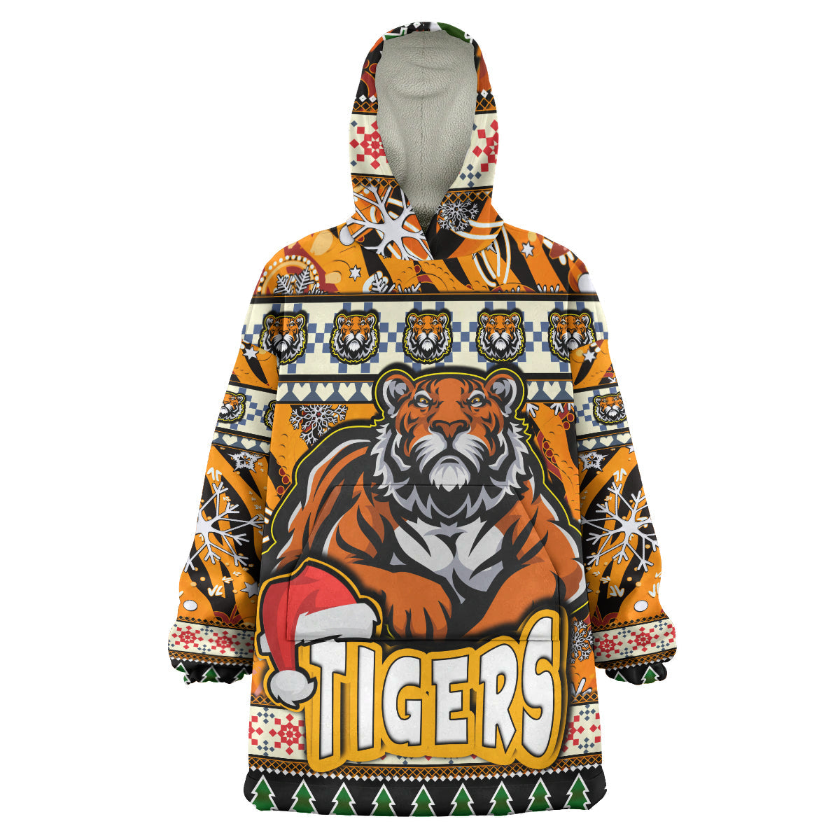 Tigers Rugby Christmas Snug Hoodie - Custom Xmas Tigers Christmas Balls, Snowflake With Aboriginal Patterns Wearable Blanket Hoodie - Vibe Hoodie Shop