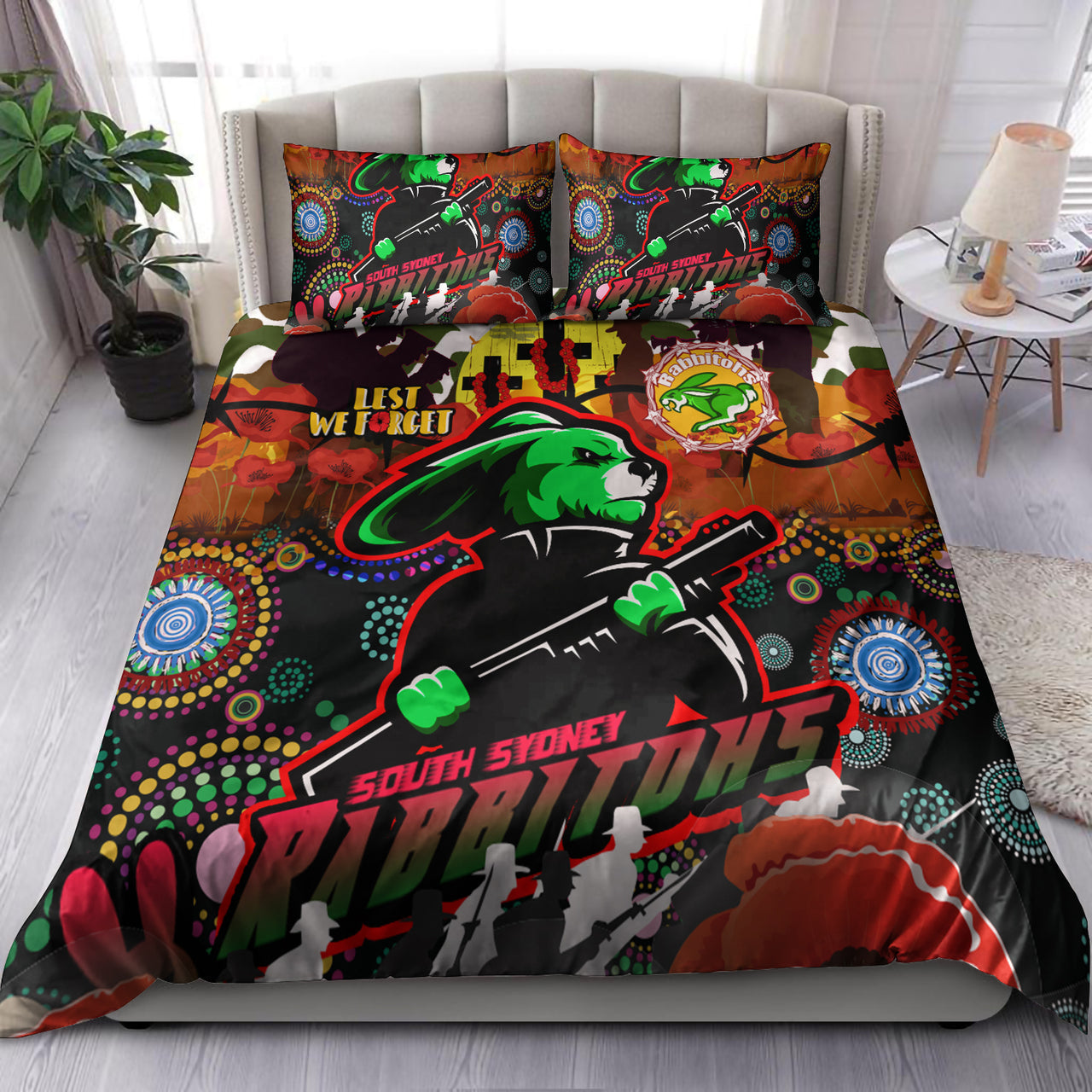 Rabbitohs Rugby Custom Camouflage ANZAC Poppy Bedding Set - Souths ANZAC Lest We Forget Spirit RLT13 - Vibe Hoodie Shop