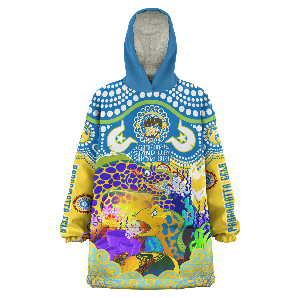 Eels Rugby NAIDOC Snug Hoodie - Custom Indigenous Parramatta Eels Getting Up, Standing Up, and Showing Up Wearable Blanket Hoodie - Vibe Hoodie Shop