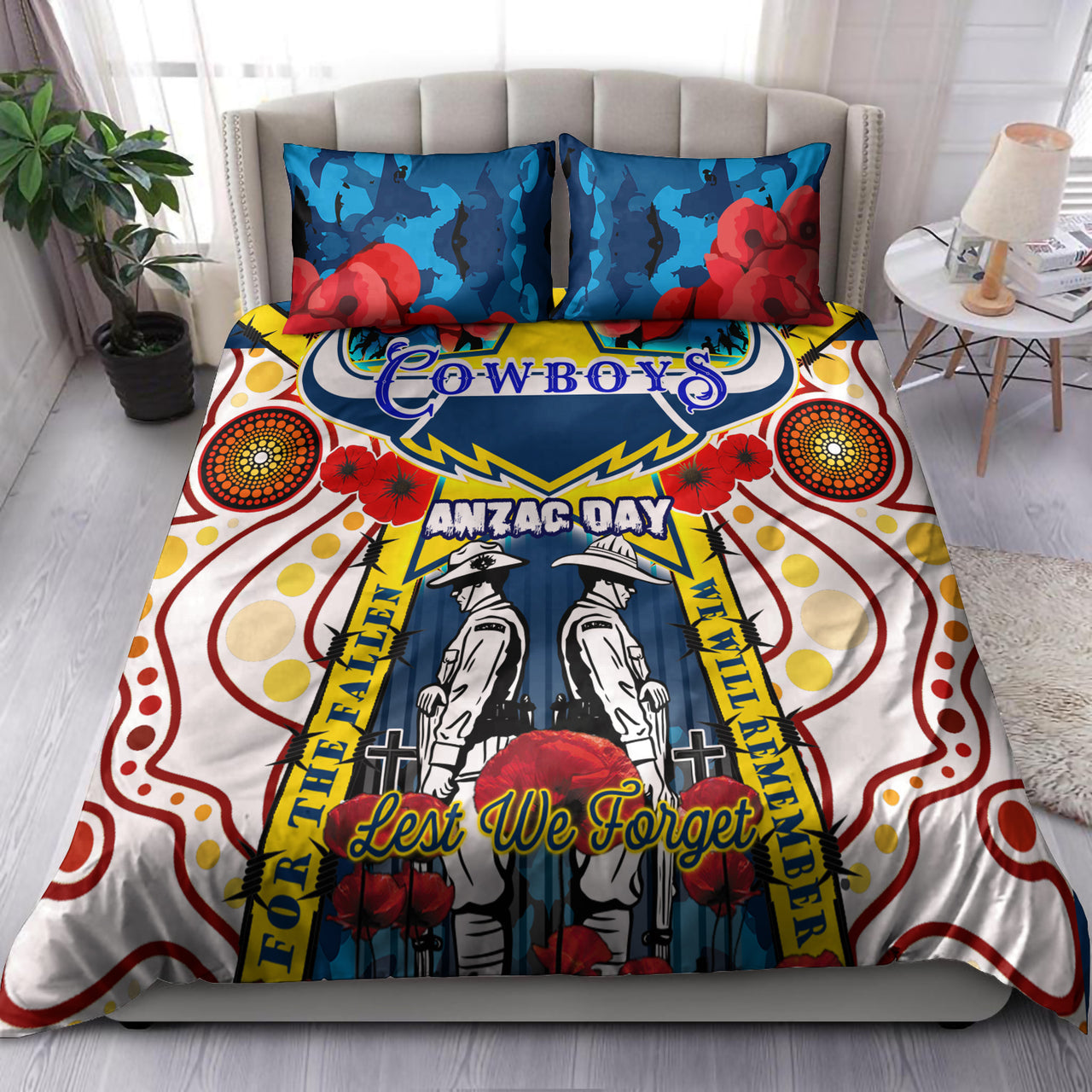Cowboys Rugby ANZAC Day Watercolour Bedding Set - Custom Remembrance Cowboys With Poppy Flower RLT13 - Vibe Hoodie Shop