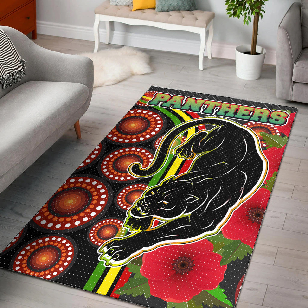 Panthers Rugby Area Rug - Aboriginal Panthers ANZAC Day Panther With Poppy Flower Area Rug RLT12 - Vibe Hoodie Shop